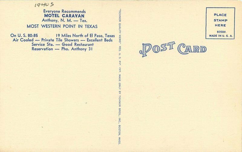 Anthony New Mexico Texas Motel Caravan roadside Postcard linen Tichnor 21-50
