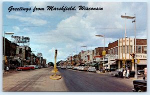MARSHFIELD, WI Wisconsin ~ Downtown STREET SCENE c1950s Cars Postcard