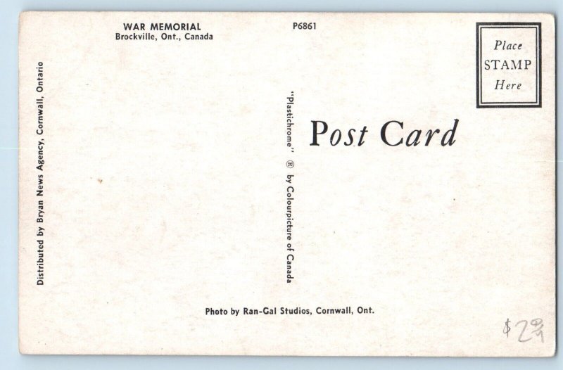 Brockville Ontario Canada Postcard War Memorial c1950's Unposted Vintage