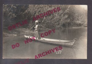 rppc 1935 INDIAN SPEARING FISH Native American CANOE Dugout Oly Jones Photograph