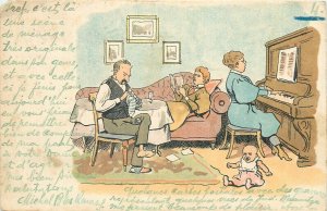 Comic several generations caricature household scene vintage 1899 humor postcard