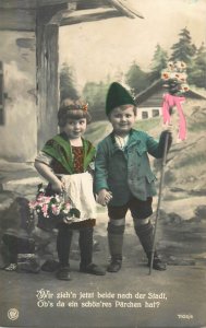 Children scenes & portraits postcard Austria costumes flower basket coiffure