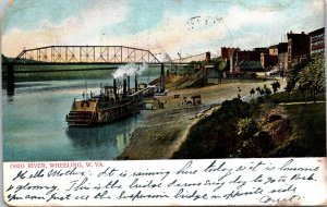 Ohio River steamboat loading suspension bridge Wheeling West Virginia Postcard