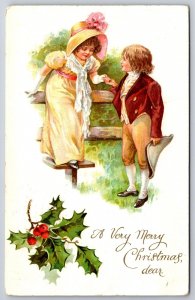 Victorian Christmas~Regency Boy & Girl by Fence~Holly Berry~Ernest Nister 1908