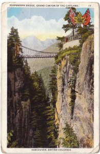 Suspension Bridge, Capilano Canyon, Vancouver BC, 1933 Postcard, Local Publisher