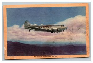 Vintage 1940's Advertising Postcard Western Airlines Airplane in Flight