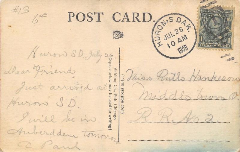 Huron South Dakota~High School~Tower Next to Building~1908 Postcard