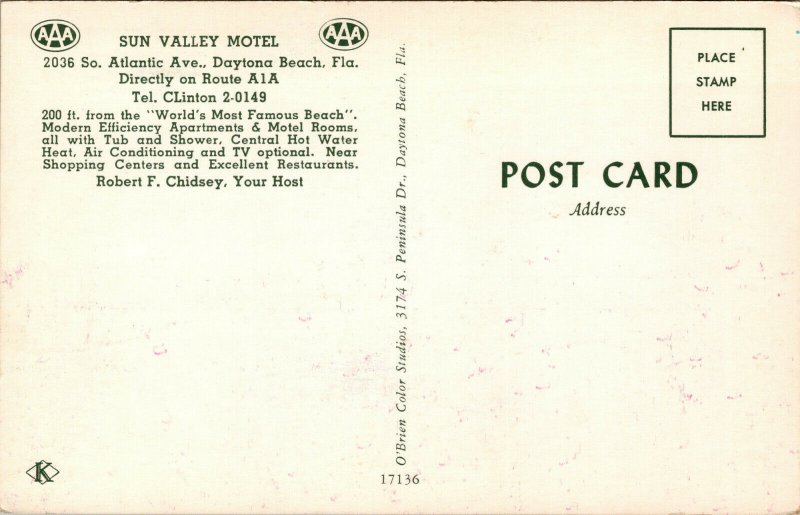 Vtg 1950s Sun Valley Motel Daytona Beach Florida FL Unused Chrome Postcard