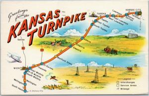 Postcard map Greetings from the Kansas Turnpike - cities along the turnpike