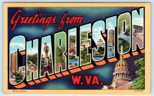 Large Letter Linen CHARLESTON, West Virginia WV ~ Curt Teich 1940s  Postcard