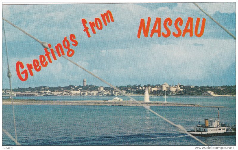 Lighthouse, Across Harbor, Skyline of NASSAU, Bahamas, 40-60's