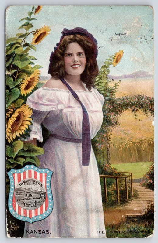 Kansas Girl~Lovely Lady in Flowers~Sunflower~Shield Seal~1908 TUCK State Belles 