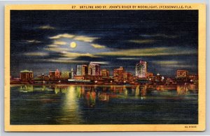 Jacksonville Florida~Skyline & St Johns River By Moonlight~Vintage Linen PC