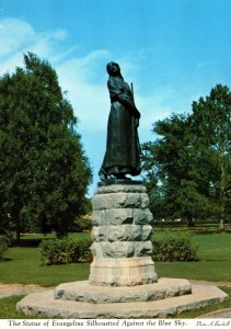 CONTINENTAL SIZE POSTCARD CHURCH OF ST CHARLES AND STATUE OF EVANGLINE N.S.