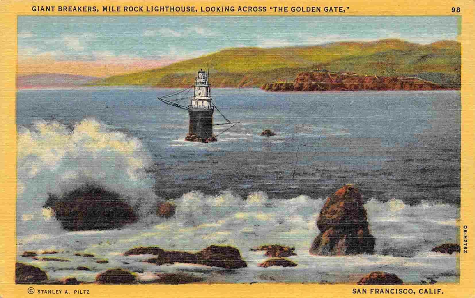 Mile Rock Lighthouse Giant Waves San Francisco California 1950s linen ...