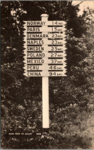 Vtg Sign Post In Lynchville Maine ME Photolux Postcard Norway Paris Denmark