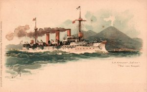German Navy WWI Postcard c.1910s SMS Gefion near Naples