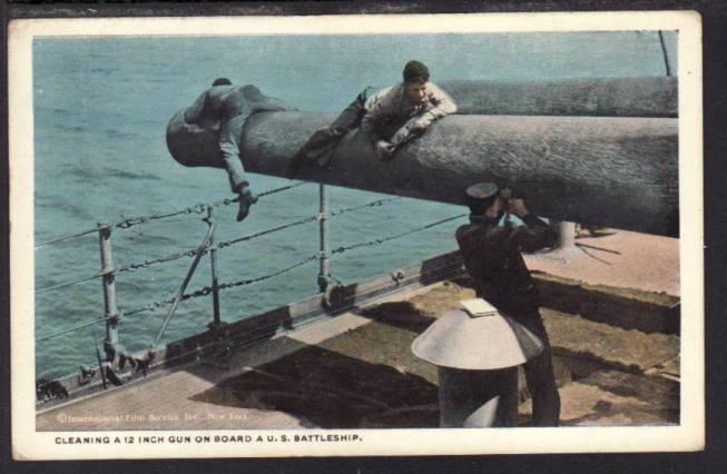 Cleaning a 12 Inch Gun On Board US Battleship Postcard 4080