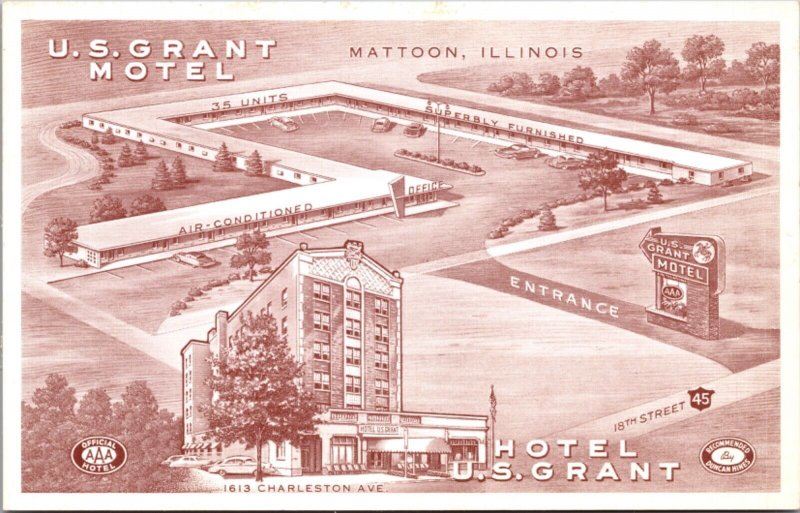 Postcard U.S. Grant Motel and Hotel U.S. Grant in Mattoon, Illinois