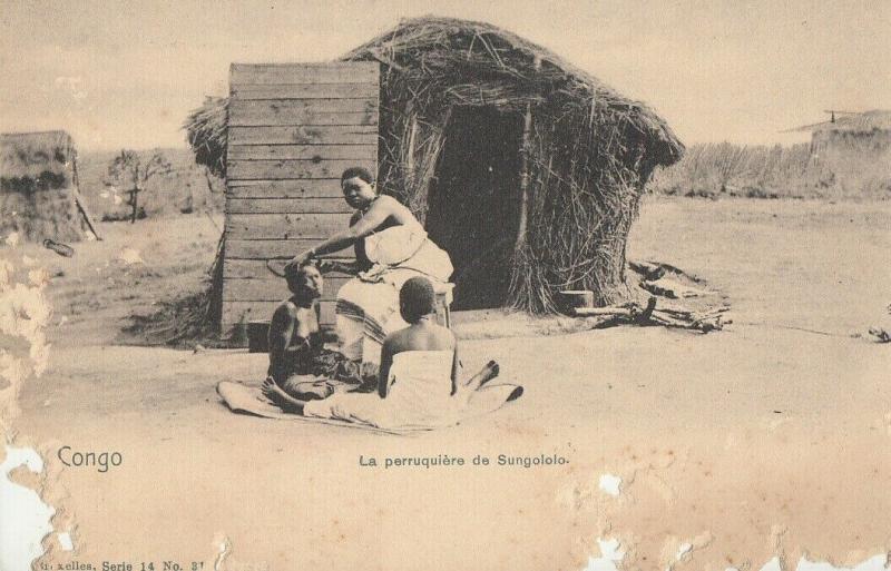 Congo Sungololo native hairdresser & hut postcard ( damage )