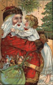 Christmas Santa Claus Hugs Little Girl Hugging c1910 Vintage Postcard
