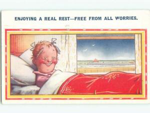 Bamforth comic ENJOYING REST IN BED ON VACATION k8225