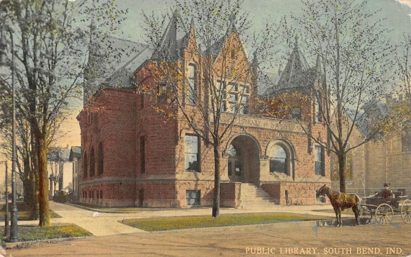 SOUTH BEND, IN Indiana  PUBLIC LIBRARY Street View~Horse & Wagon  1916 Postcard