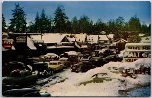 Main Street Big Bear Lake California Winter Snow Scene Mountain Resort Postcard