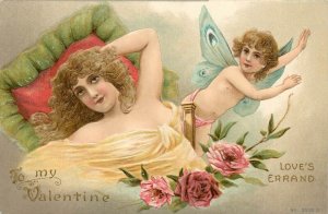 Embossed Valentine Postcard 2533 Beautiful Woman & Butterfly Cupid Love's Errand