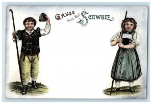 c1910 Boy and Girl, Gruss Aus Der Schweiz (Switzerland) Unposted Postcard 