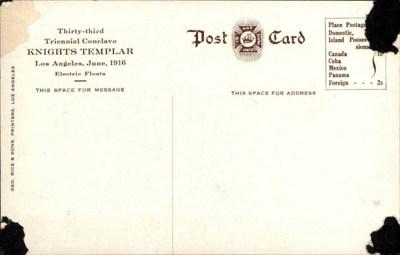 LOS ANGELES CA Knights Templar Parade Electric Float Peep O' Day Old PC