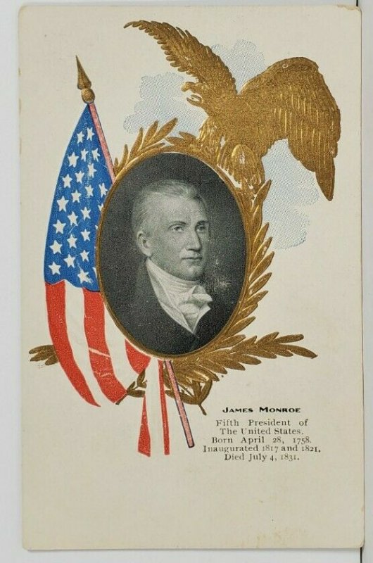 James Monroe Patriotic Memorial Portrait Golden Eagle US Flag Postcard P5