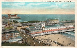 Vintage Postcard 1920's The Ocean And Piers Atlantic City New Jersey SMC Pub