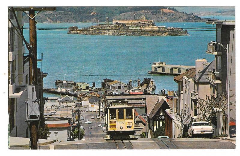 CA San Francisco Cable Car Alcatraz Hyde St Hill California Vintage Postcard