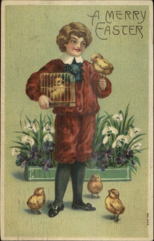 Merry Easter - Little Boy Fancy Clothes Chicks c1910 Postcard