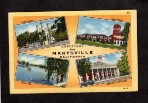 CA Greetings From Marysville California Ellis Lake High School Postcard Linen