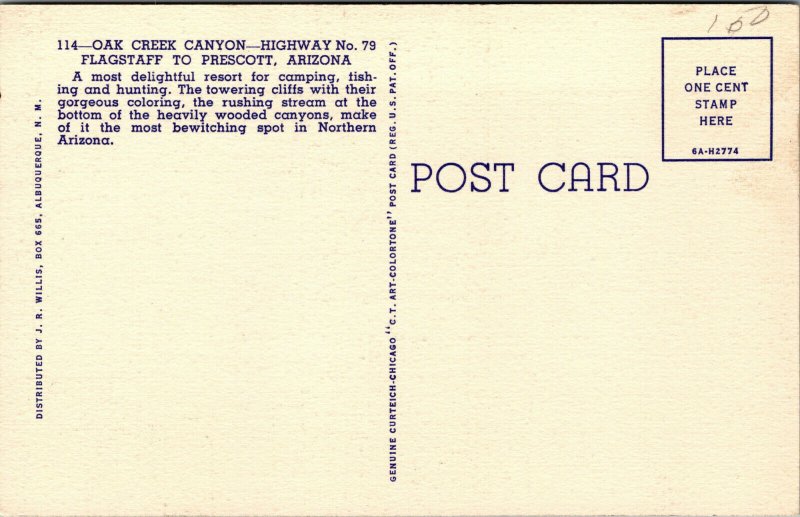 Vtg 1930s Oak Creek Canyon Flagstaff to Prescott Arizona AZ Linen Postcard