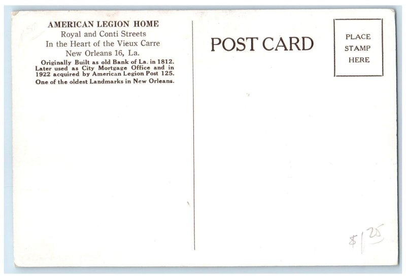 c1910's American Legion Home Exterior New Orleans Louisiana LA Unposted Postcard
