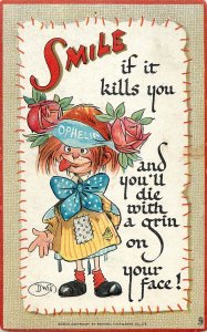 Embossed Tuck Postcard Smiles 169 Artist Dwig Die With a Grin On Your Face