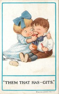Cute drawn children couple caricature old humor postcard Them that has-gits.