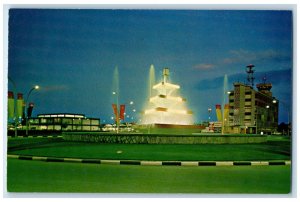 c1960's Night Scene Water Fountain International Airport Singapore Postcard