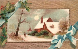 Vintage Postcard Snow House Ribbon Merry May Thy Christmas Be Greetings Holidays
