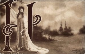 Large Letter H Beautiful Woman Ethereal Art Nouveau Vintage Postcard