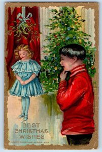 Mapleton Minnesota MN Postcard Christmas Girl Under Mistletoe Embossed c1910's