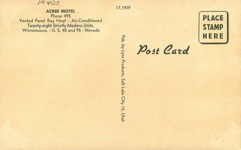 Winnemuca Nevada Acree Motel Postcard Roadside Lynx Products 21-12633