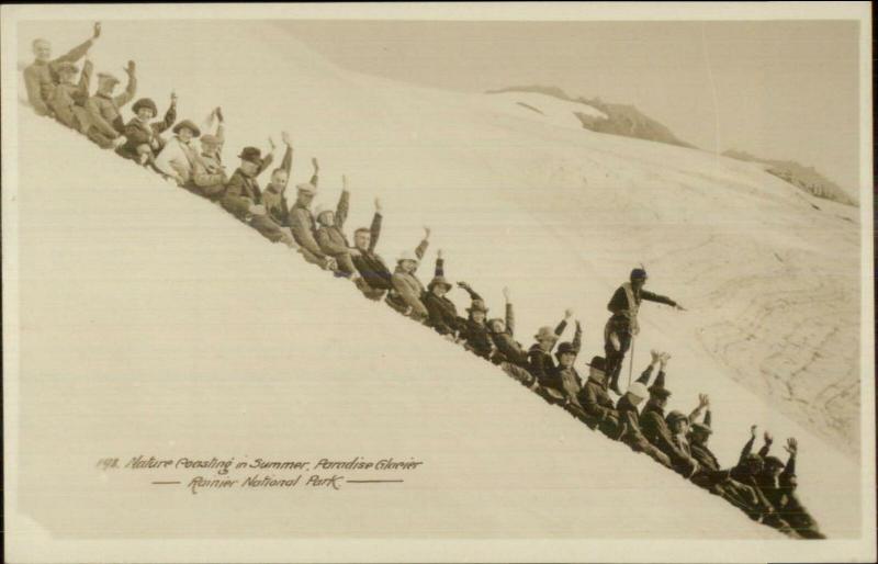 Rainier National Park Crowd Sliding Down Hill c1905 Real Photo Postcard