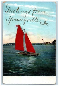 1908 Greetings From Sailboat River Lake Boat Springville Iowa Vintage Postcard