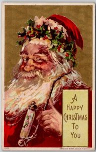 Christmas Greetings Santa Holly Crown and Pipe 1913 Postcard J22