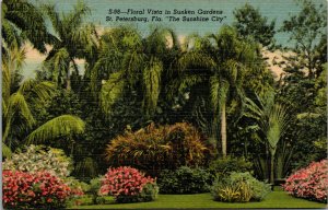 Vtg 1950s Floral Vista in Sunken Gardens St Petersburg Florida Fl Linen Postcard