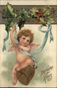 Christmas - Naked Cherub on Bell - Blue Ribbon c1910 Post...